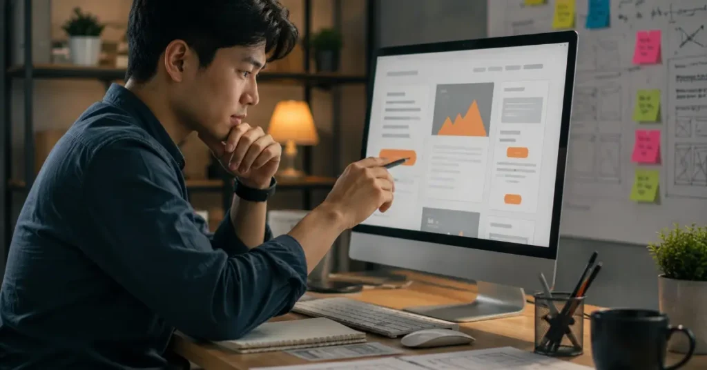 Seseorang menyusun dan mengevaluasi CTA website untuk meningkatkan klik serta mendorong lebih banyak calon pelanggan.