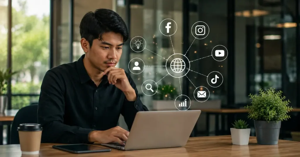 Seseorang mengelola website dan media sosial untuk membangun digital presence bisnis yang lebih kuat di internet.