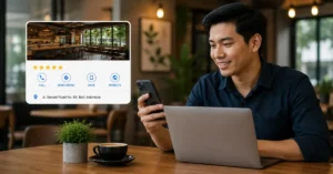 Pemilik bisnis melihat profil Google Business di ponsel untuk mengelola informasi, ulasan, dan lokasi usaha.