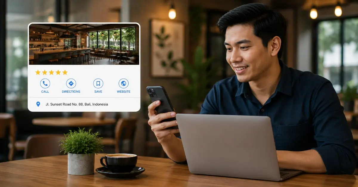 Pemilik bisnis melihat profil Google Business di ponsel untuk mengelola informasi, ulasan, dan lokasi usaha.