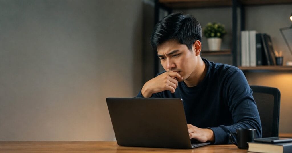 Seorang pria bekerja di laptop sambil berpikir, menggambarkan kekhawatiran tentang keamanan website bisnis.