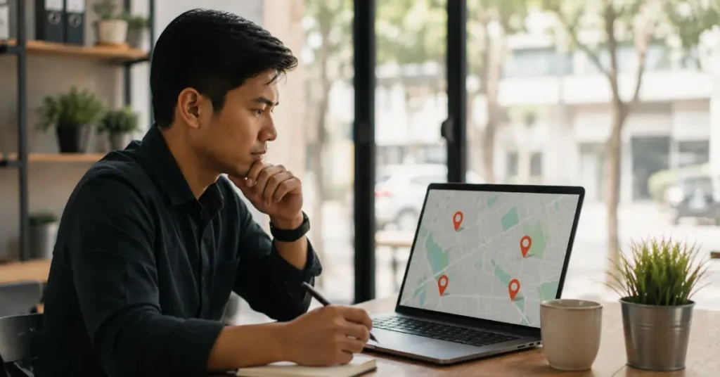 Seorang pemilik bisnis melihat peta lokasi di laptop untuk menilai kebutuhan strategi local SEO.