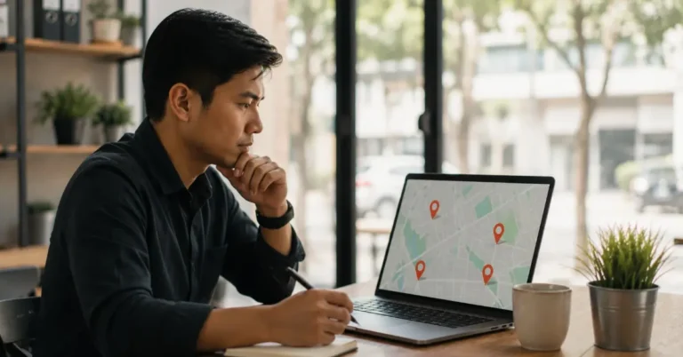 Seorang pemilik bisnis melihat peta lokasi di laptop untuk menilai kebutuhan strategi local SEO.