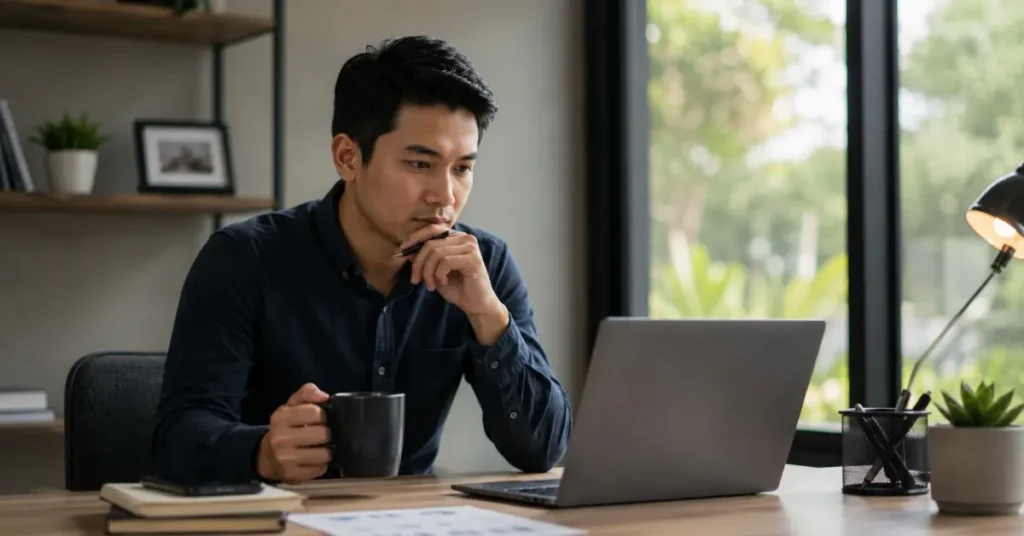 Pemilik bisnis bekerja di depan laptop, menggambarkan pentingnya menggunakan domain sendiri untuk membangun kepercayaan pelanggan.