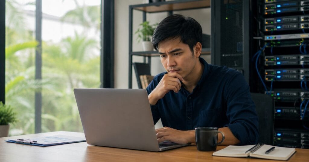 Seorang pria bekerja di laptop dengan server di belakangnya, menggambarkan proses memilih hosting untuk website bisnis.