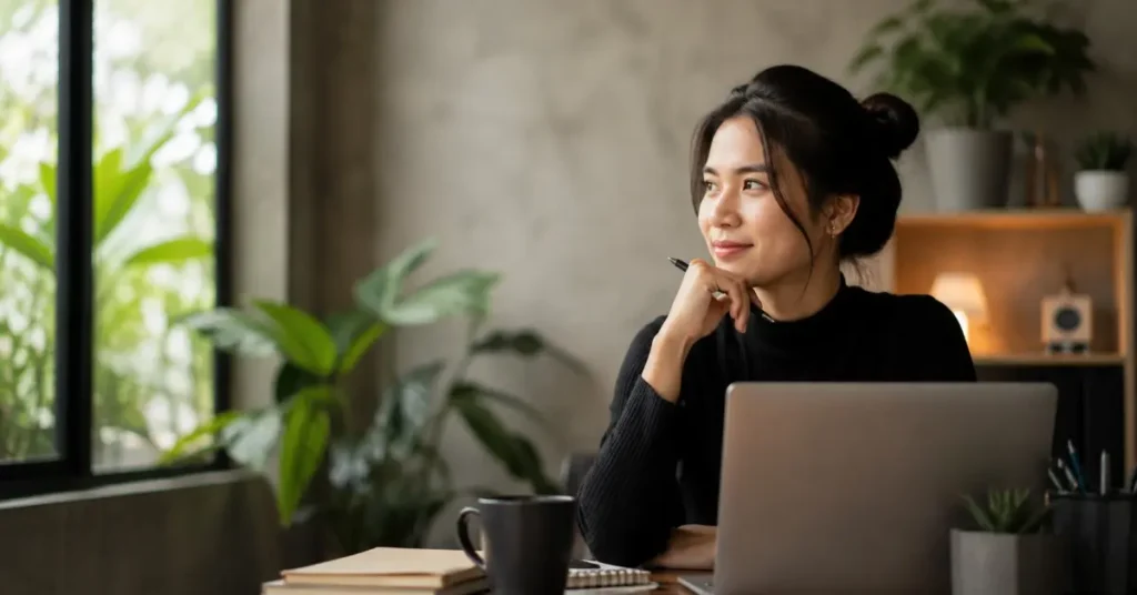 Seseorang bekerja di depan laptop sambil merencanakan personal branding profesional melalui website bisnis yang terpercaya.