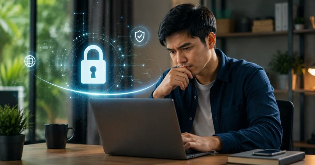 Seorang pria bekerja di laptop dengan simbol gembok digital, menggambarkan perlindungan SSL untuk keamanan website bisnis.