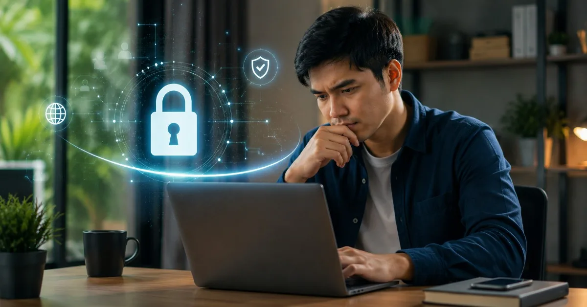 Seorang pria bekerja di laptop dengan simbol gembok digital, menggambarkan perlindungan SSL untuk keamanan website bisnis.