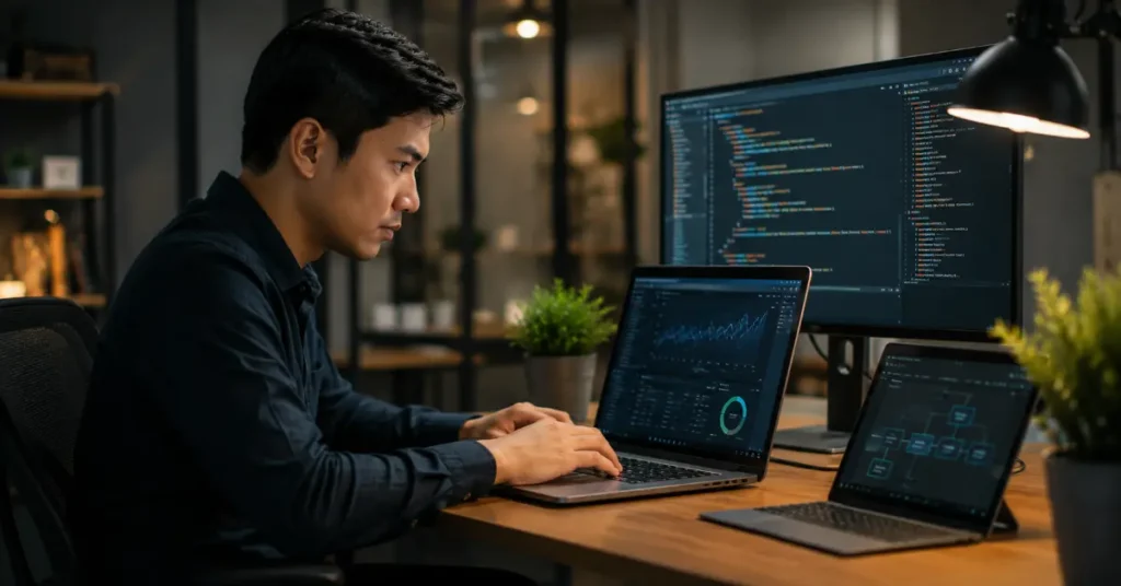 Seorang spesialis memeriksa kode, data website, dan struktur teknis untuk meningkatkan performa SEO.