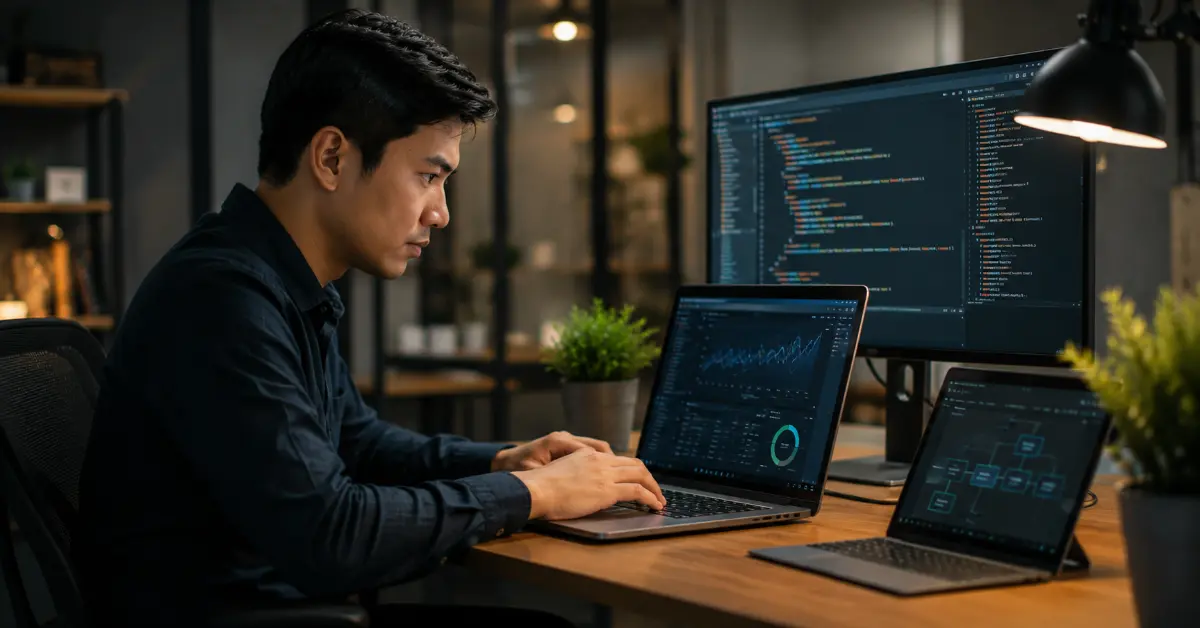 Seorang spesialis memeriksa kode, data website, dan struktur teknis untuk meningkatkan performa SEO.