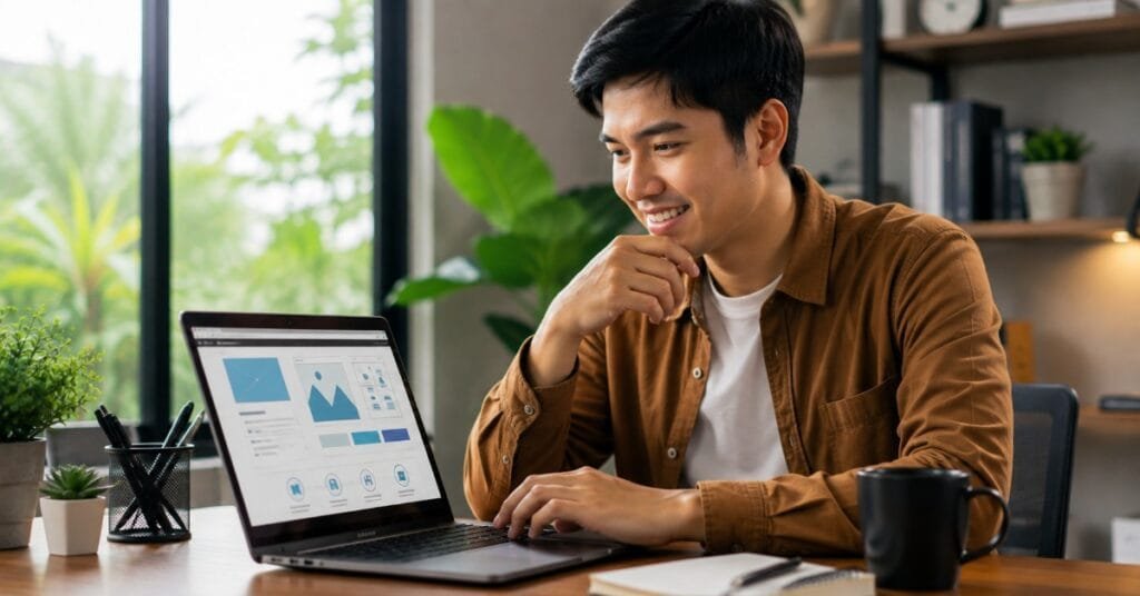 Seorang pria menggunakan laptop dengan tampilan desain website untuk meningkatkan kenyamanan dan pengalaman pengunjung.