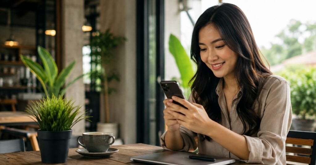 Seorang wanita menggunakan smartphone di kafe, menggambarkan pentingnya website yang mudah digunakan melalui perangkat mobile.
