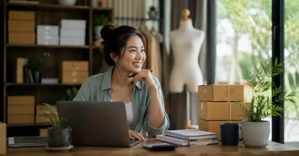 Pemilik bisnis jasa bekerja di depan laptop untuk mengembangkan usaha dan menjangkau lebih banyak pelanggan melalui website.