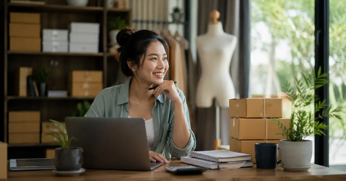 Pemilik bisnis jasa bekerja di depan laptop untuk mengembangkan usaha dan menjangkau lebih banyak pelanggan melalui website.
