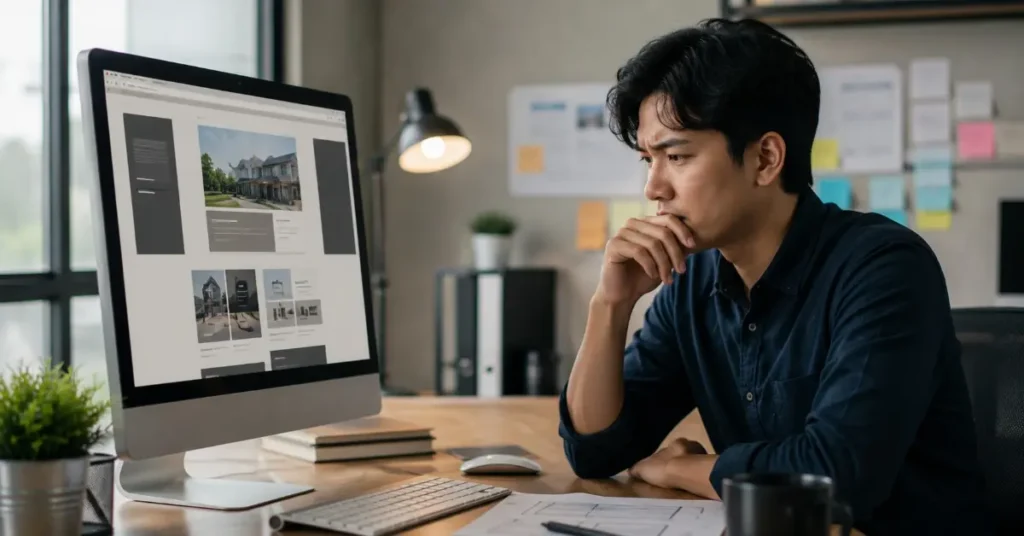 Seseorang meninjau tampilan website bisnis di komputer untuk menentukan apakah sudah waktunya melakukan redesign.