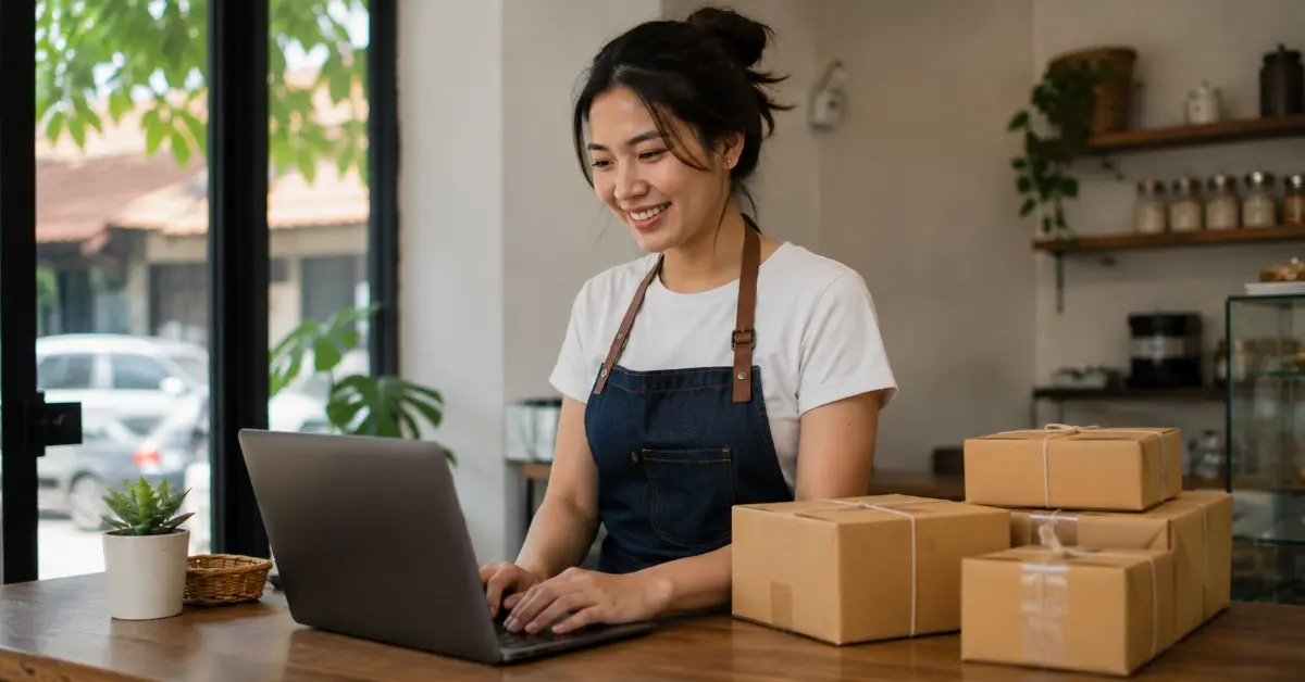 Pemilik bisnis lokal mengelola website di laptop untuk menarik pelanggan baru dan meningkatkan penjualan usahanya.