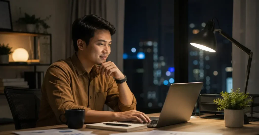 Seorang pemilik bisnis bekerja di depan laptop pada malam hari, menggambarkan website yang melayani pelanggan selama 24 jam.