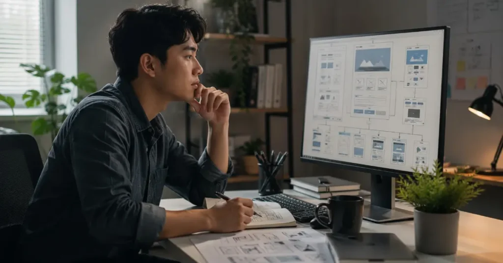 Seorang profesional menyusun struktur website, menunjukkan bagaimana navigasi yang baik membantu meningkatkan jumlah leads bisnis.