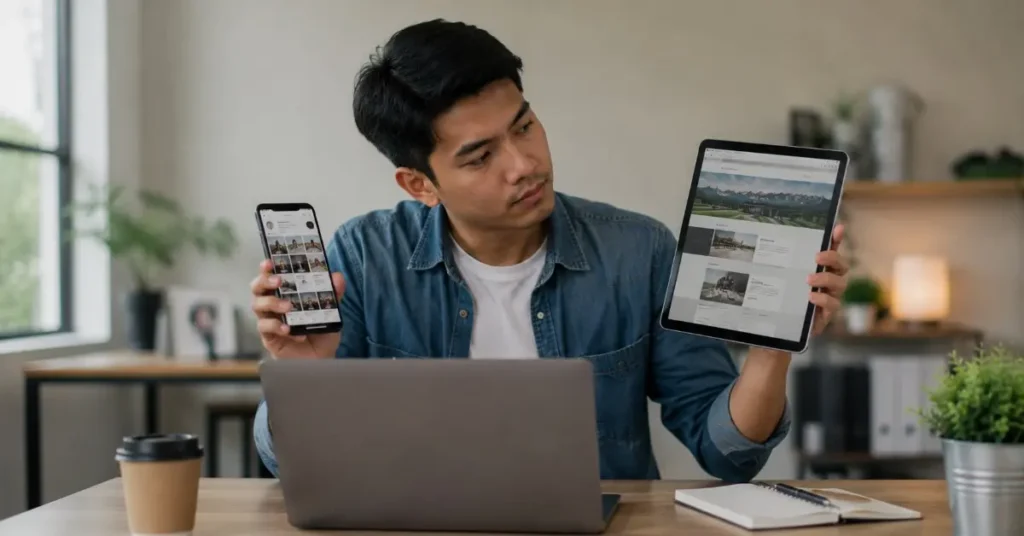 Seseorang membandingkan tampilan website dan media sosial untuk memilih platform terbaik bagi kebutuhan bisnis.
