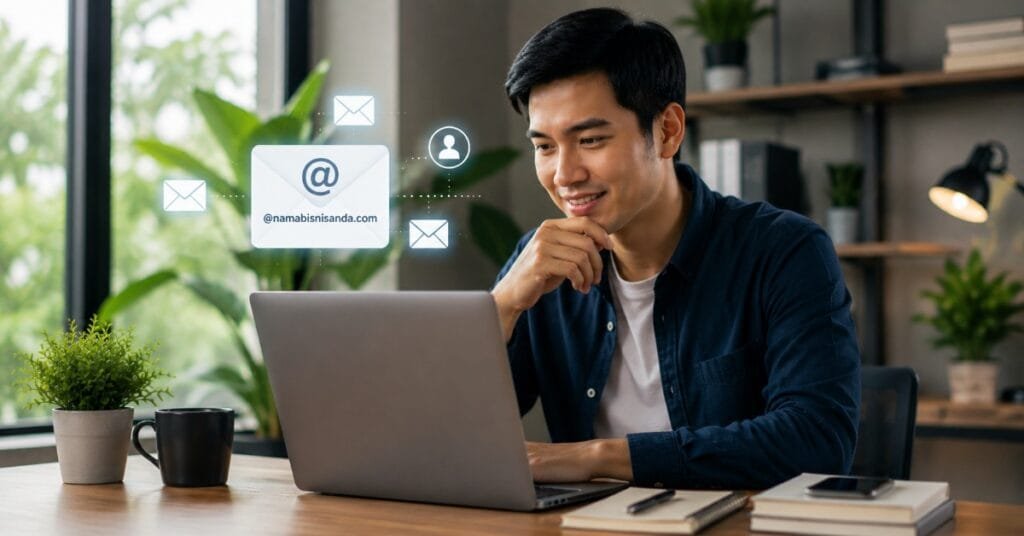 Pria menggunakan laptop dengan ilustrasi email beralamat domain bisnis sendiri untuk komunikasi profesional.