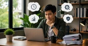 Pria bekerja di depan laptop dengan ilustrasi waktu, keamanan, pertumbuhan, dan pengelolaan website bisnis.