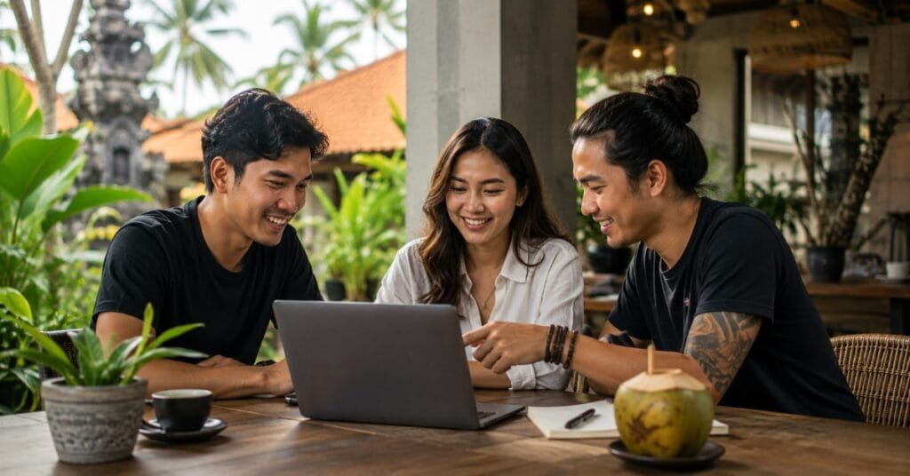 Tiga orang berdiskusi menggunakan laptop untuk membahas pembuatan website bersama penyedia jasa lokal di Bali.