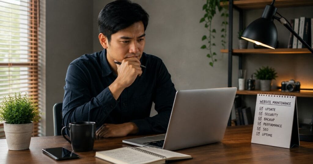 Pria memeriksa laptop dengan daftar tugas maintenance website seperti update, keamanan, backup, dan SEO.