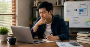 Pria mengevaluasi migrasi website dengan membandingkan situs lama dan baru berdasarkan performa, SEO, keamanan, dan pengalaman pengguna.