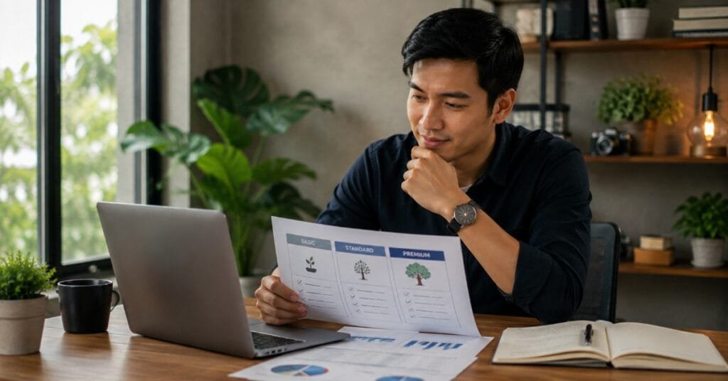 Pria membandingkan paket website basic, standar, dan premium berdasarkan kebutuhan serta tahap pertumbuhan bisnis.
