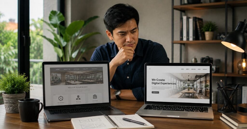 Pria membandingkan tampilan website lama dan desain baru untuk menentukan pilihan redesign atau membuat website baru.
