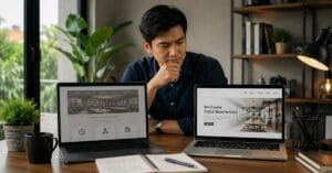 Pria membandingkan tampilan website lama dan desain baru untuk menentukan pilihan redesign atau membuat website baru.