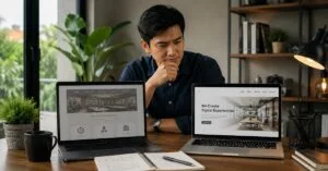 Pria membandingkan tampilan website lama dan desain baru untuk menentukan pilihan redesign atau membuat website baru.